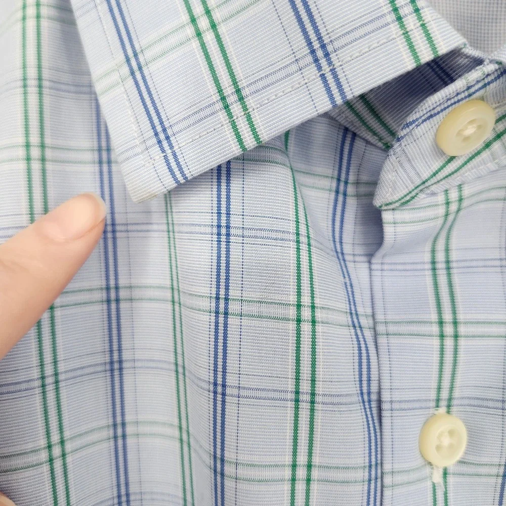 Banana Republic Mens Non Iron Slim Fit Dress Shirt Large Light‎ Blue Green Plaid